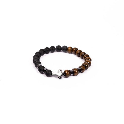 Brǎțarǎ elastic bile carbune+lemn si cruce hematit.   AB28-3