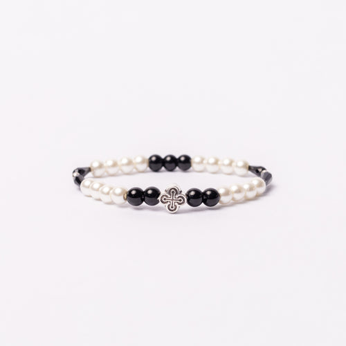 Brǎțarǎ elastic bile perlǎ si cruce metal.  AB100set