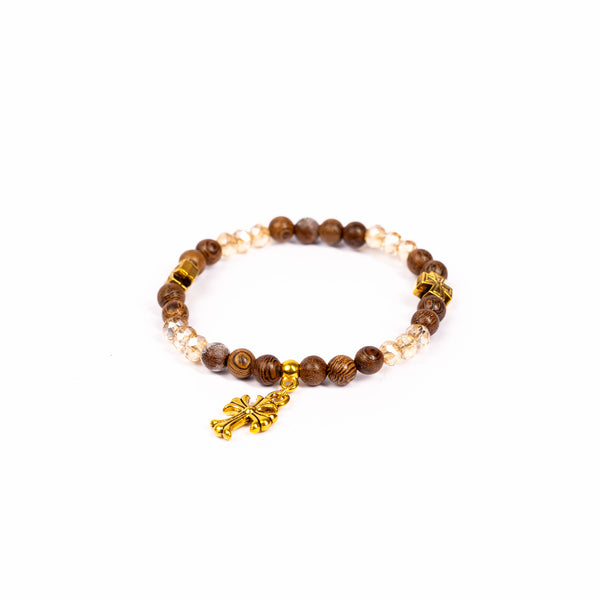 Brǎțarǎ elastic bile lemn si cruce atârnatǎ aurie.  TMG17-37A