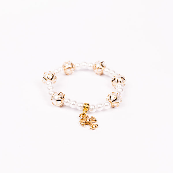 Brǎțarǎ elastic bile perlǎ si cruce atârnatǎ aurie. OT33-200