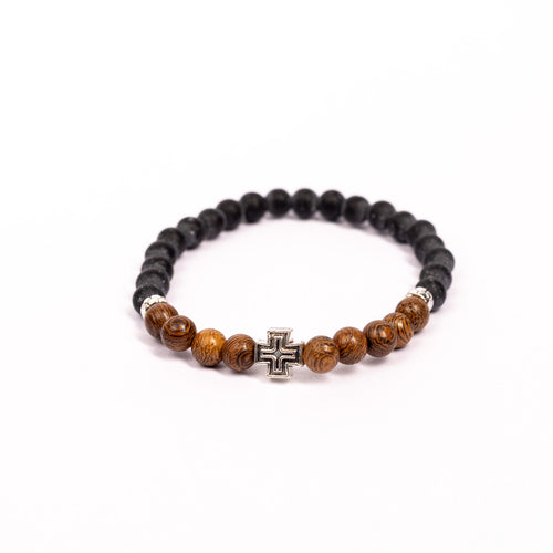 Brǎțarǎ elastic bile lemn/carbune cu cruce ştrasuri negre.  OT08-148