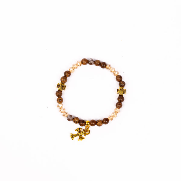 Brǎțarǎ elastic bile lemn si cruce atârnatǎ aurie.  TMG17-37A