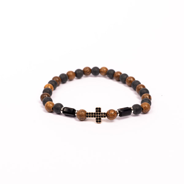 Brǎțarǎ elastic bile lemn/carbune cu cruce ştrasuri negre.  OT08-148