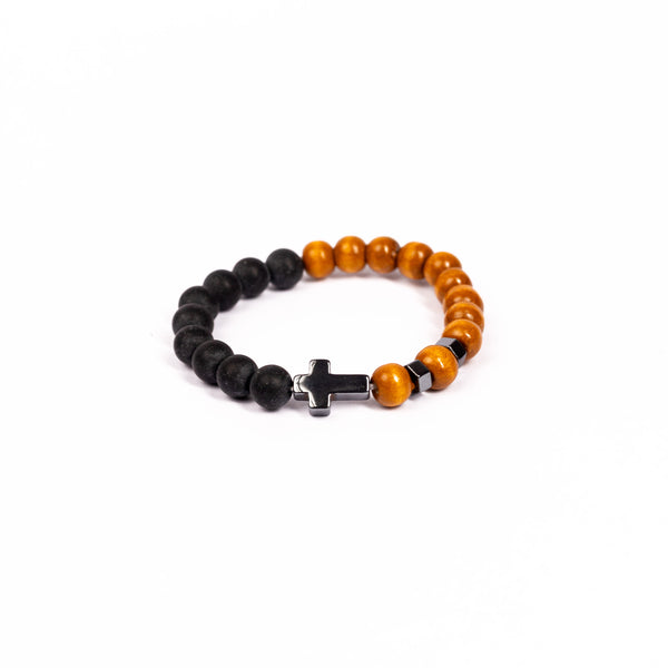 Brǎțarǎ elastic bile carbune+lemn si cruce hematit.   AB28-3