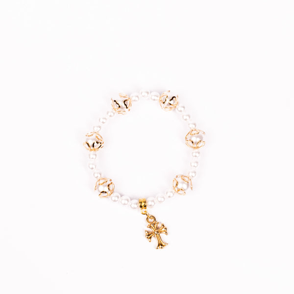Brǎțarǎ elastic bile perlǎ si cruce atârnatǎ aurie. OT33-200