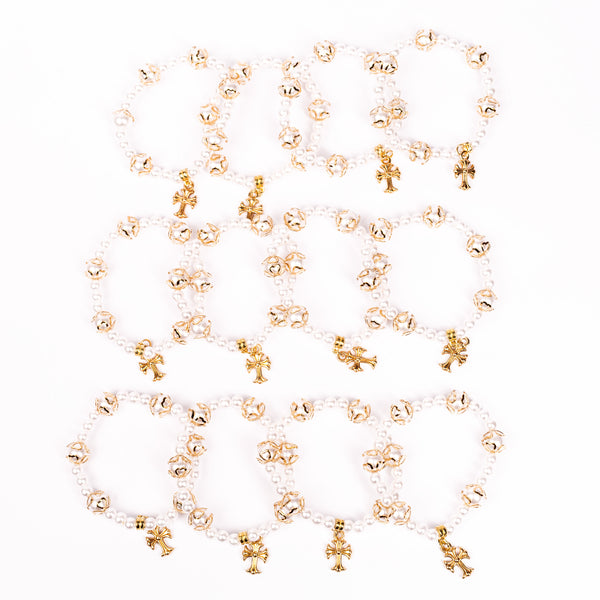 Brǎțarǎ elastic bile perlǎ si cruce atârnatǎ aurie. OT33-200