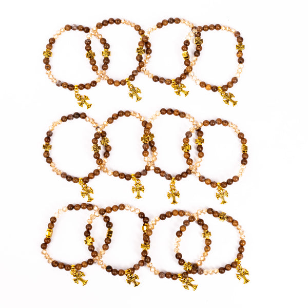 Brǎțarǎ elastic bile lemn si cruce atârnatǎ aurie.  TMG17-37A