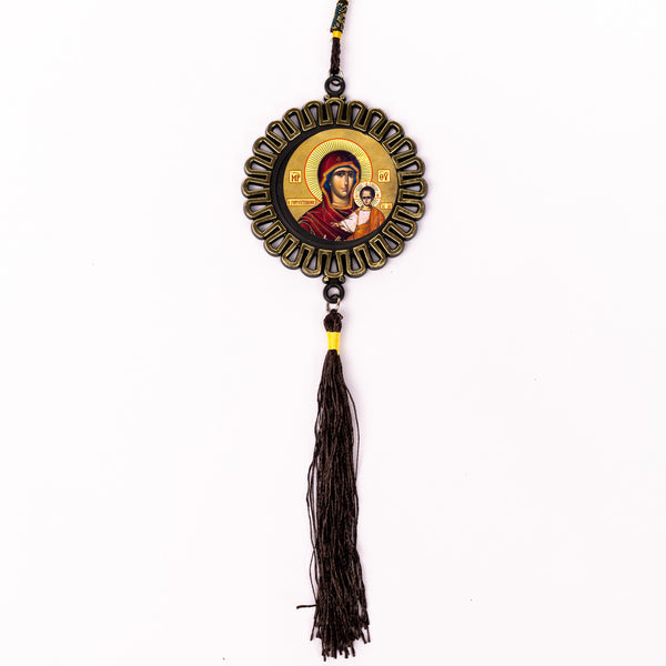 Breloc auto plastic cu 2 fețe iconițe, ventuze și ciucure.  AB05-5