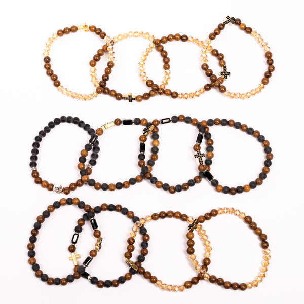 Brǎțarǎ elastic bile lemn/carbune cu cruce ştrasuri negre.  OT08-148