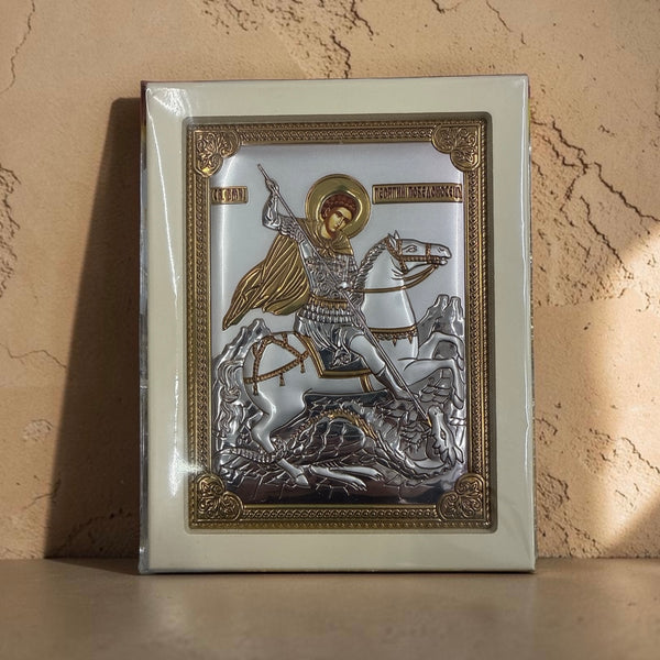 Icoana argintată Sfântul Mare Mucenic Gheorghe cu ramă lemn