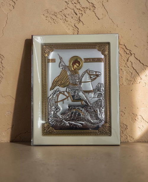 Icoana argintată Sfântul Mare Mucenic Gheorghe cu ramă lemn