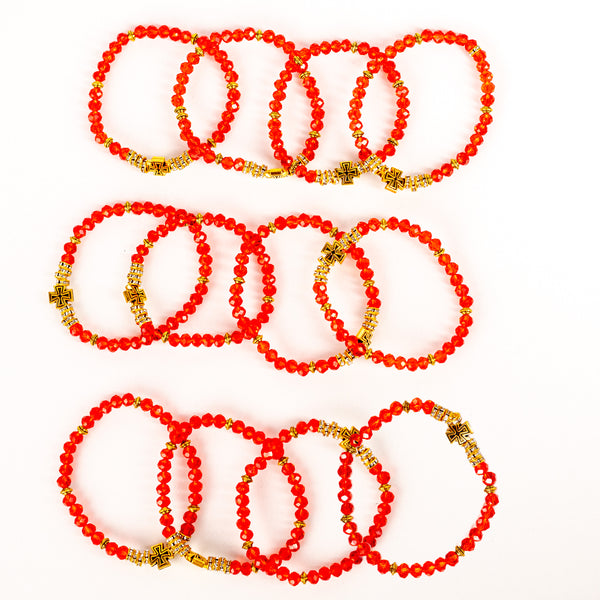 Brǎțarǎ elastic bile fațetate cu distanțier ştras si cruce metal auriu.  OT33-174