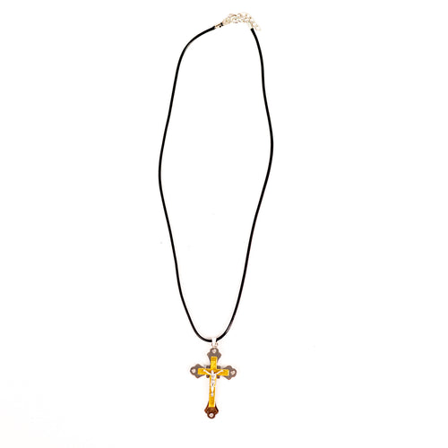 Lanț snur cauciuc cu cruce inox aurie.  TMG-44A