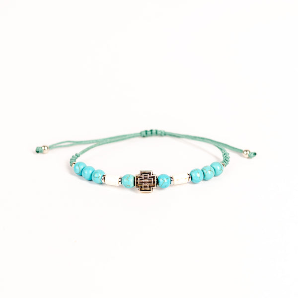 Brǎțari terminație ațǎ cu bile marmorate turcoaz si cruce metal.