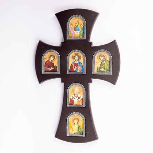 Cruce de perete din lemn cu icoane in stil bizantin