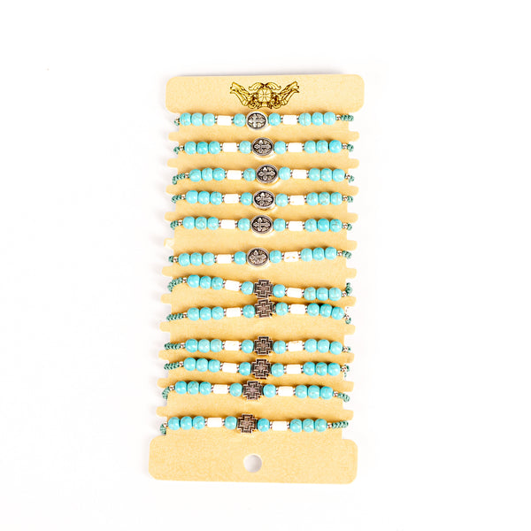 Brǎțari terminație ațǎ cu bile marmorate turcoaz si cruce metal.